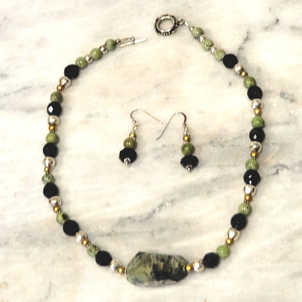 Jade Pearl Sterling Sterling Necklace Earring Set Rutimated Quartz Crystal 925